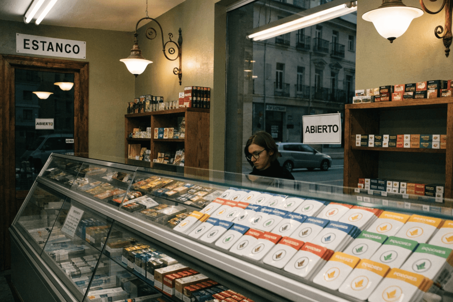 A curious customer in Spain asking a tobacconist about a newly stocked nicotine pouch product.