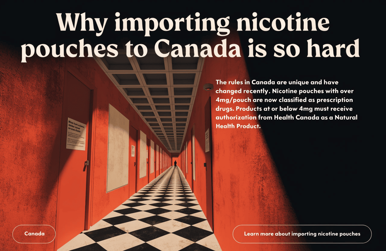 A graphic showing a nicotine pouch can with a big red "X" over it and a Canadian flag in the corner.