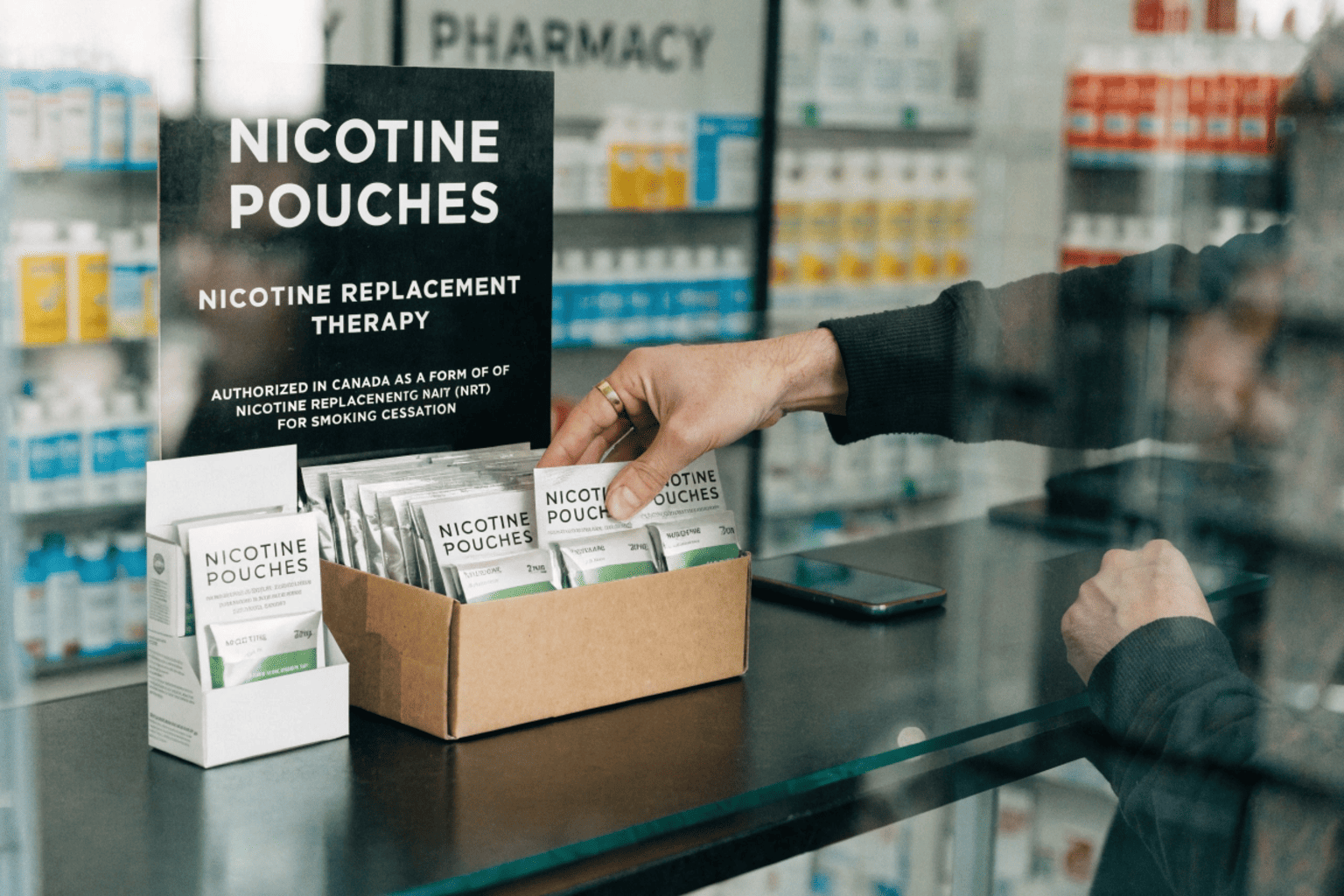 A pharmacist handing a package of nicotine pouches to a customer over the counter.