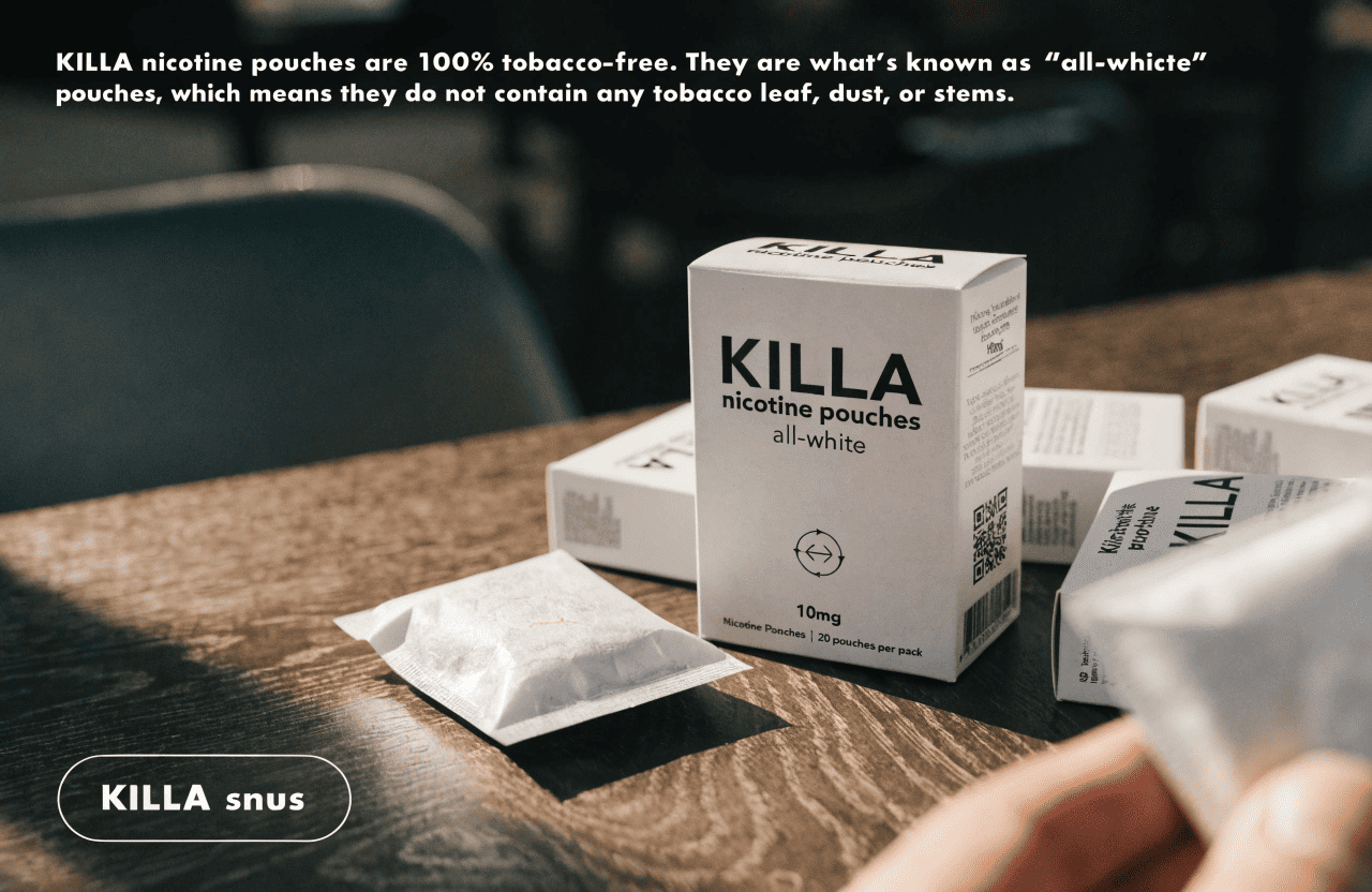 An image showing a white KILLA pouch separate from a pile of brown tobacco leaf with a 'no' symbol.
