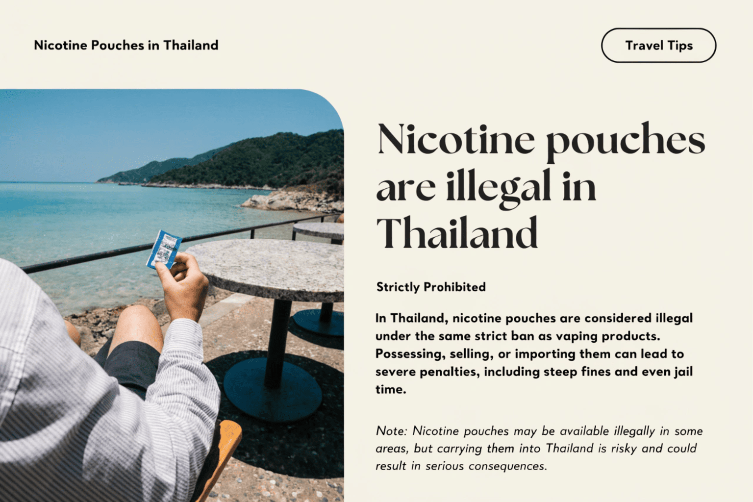 A traveler looking shocked as a customs official points out a "No Nicotine Products" sign in an airport.