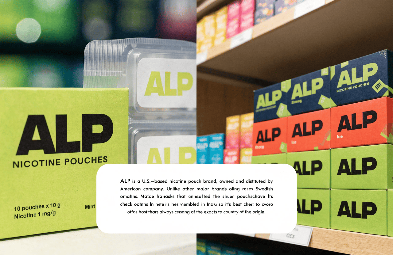 Where ALP Nicotine Pouches Are Made A can of ALP nicotine pouches with an American flag in the background.