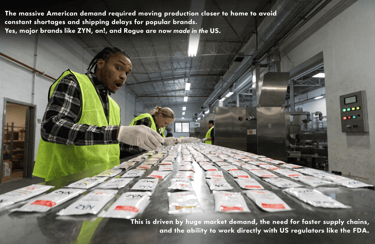 A large American factory for nicotine pouch production, highlighting that pouches are made in the USA.