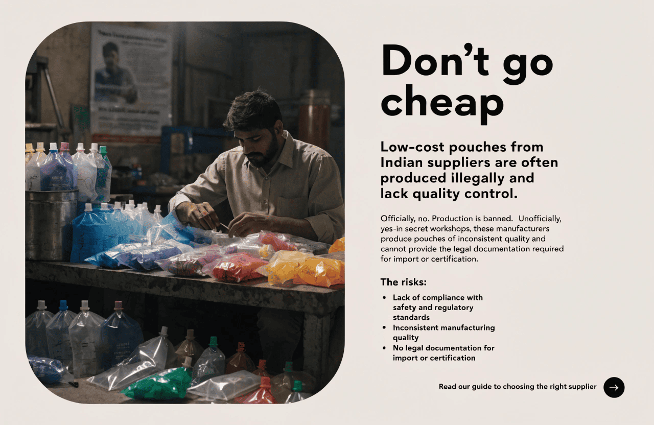 A warning sign illustrating the risks of sourcing nicotine pouches from illegal suppliers in India.