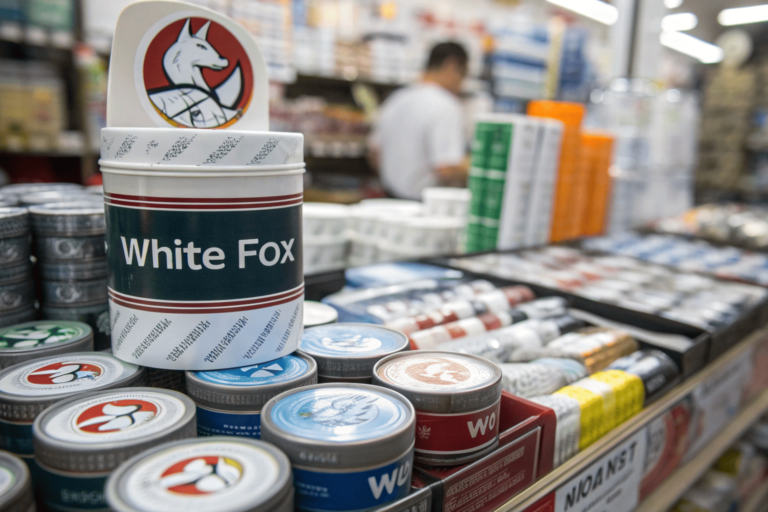 An authentic White Fox can next to a blurry, fake version.