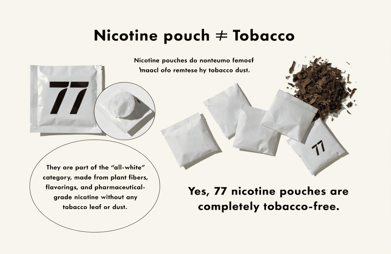 An image showing a white 77 nicotine pouch next to a green tobacco leaf with a red 'no' symbol over the leaf.