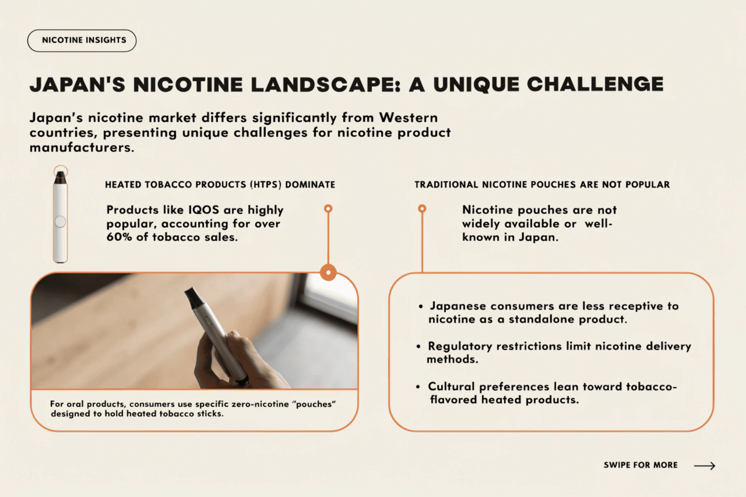 A frustrated brand manager sitting in a meeting, realizing their nicotine pouch product is not suitable for the Japanese heated-tobacco dominated market.