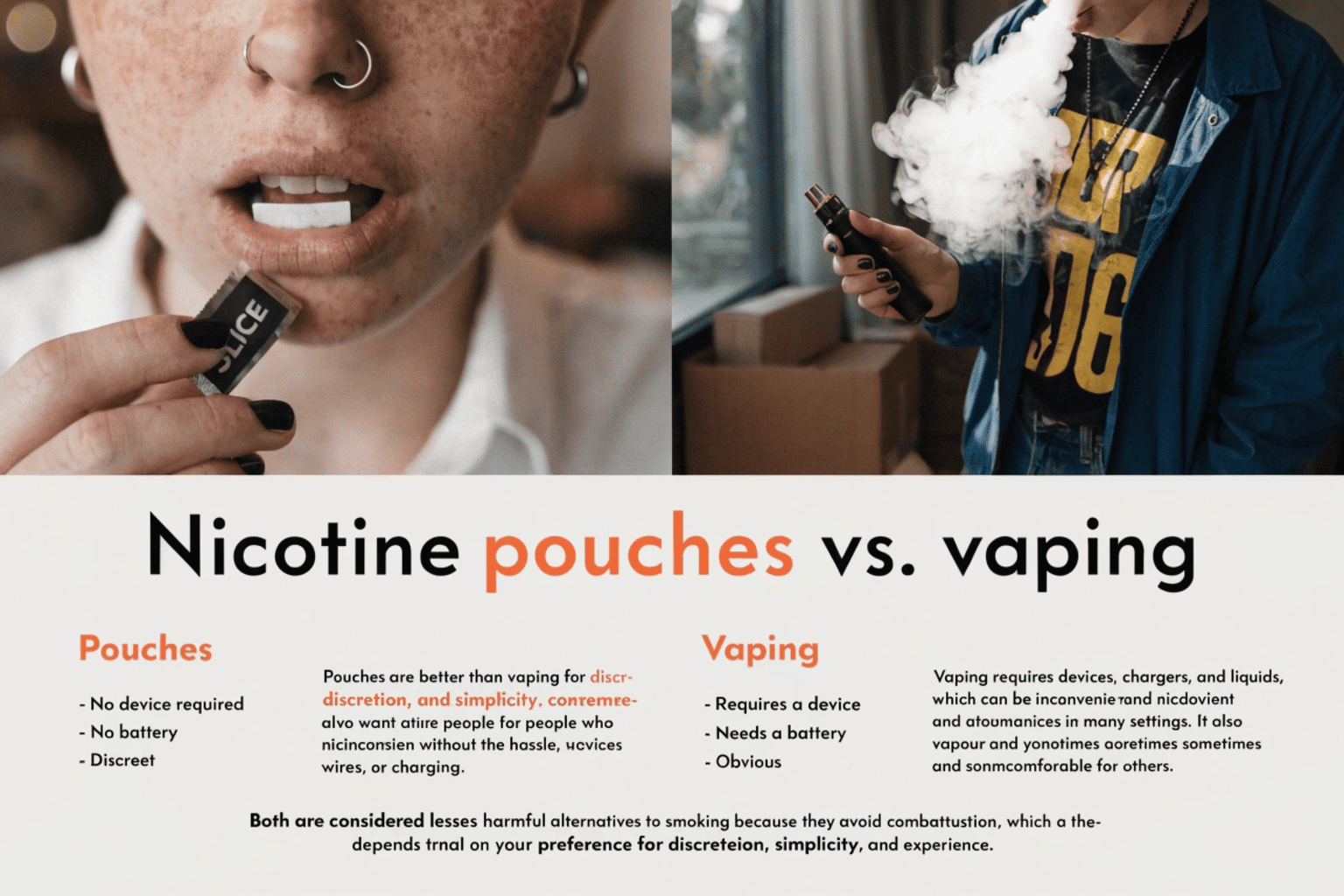 A frustrated person looking at a broken vape device next to a sleek, simple can of nicotine pouches.