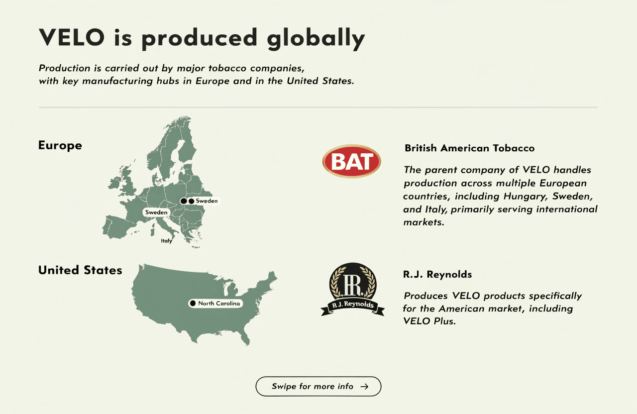 A world map highlighting VELO's manufacturing locations in Europe and the USA.
