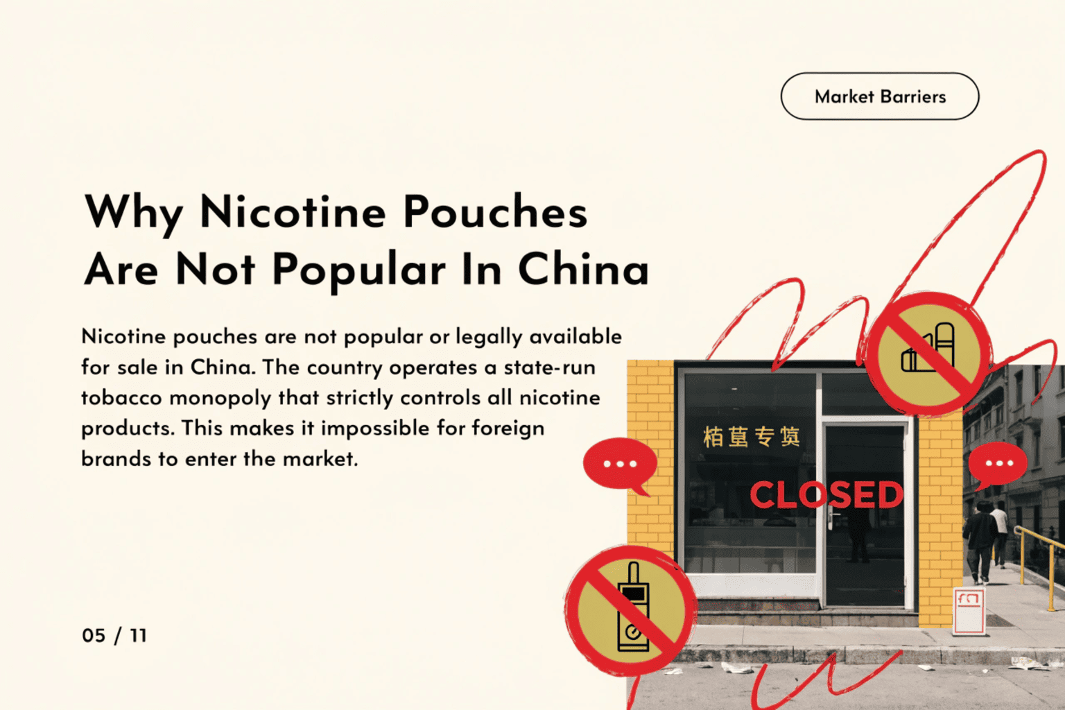 An animated image of a giant "STOP" sign in front of a gate with Chinese architectural elements, blocking entry for a nicotine pouch brand logo.