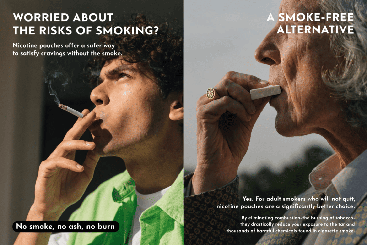 A person throwing away a pack of cigarettes and picking up a can of nicotine pouches, symbolizing a healthier switch.