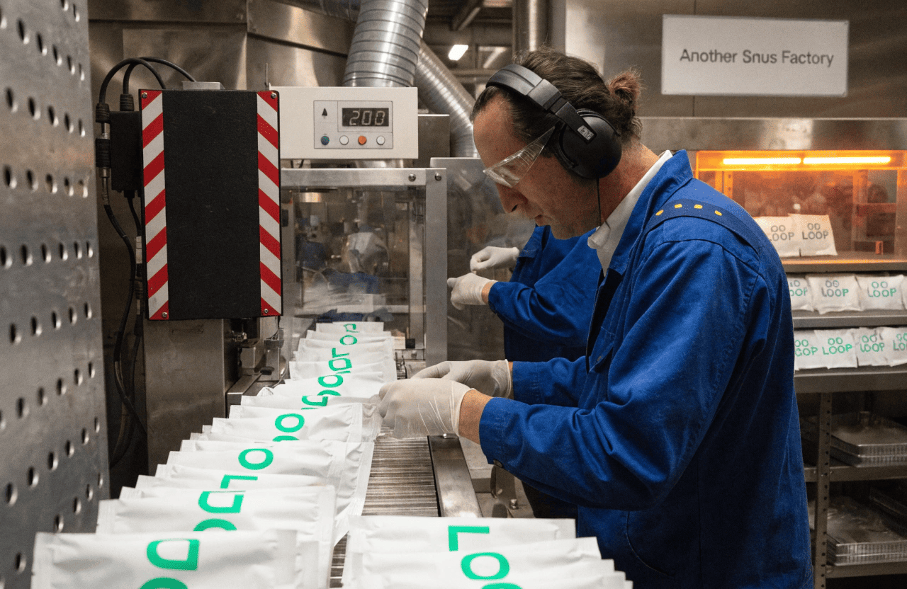 Who makes LOOP nicotine pouches Diagram showing that while ownership is complex, the manufacturing is done by a single dedicated factory.