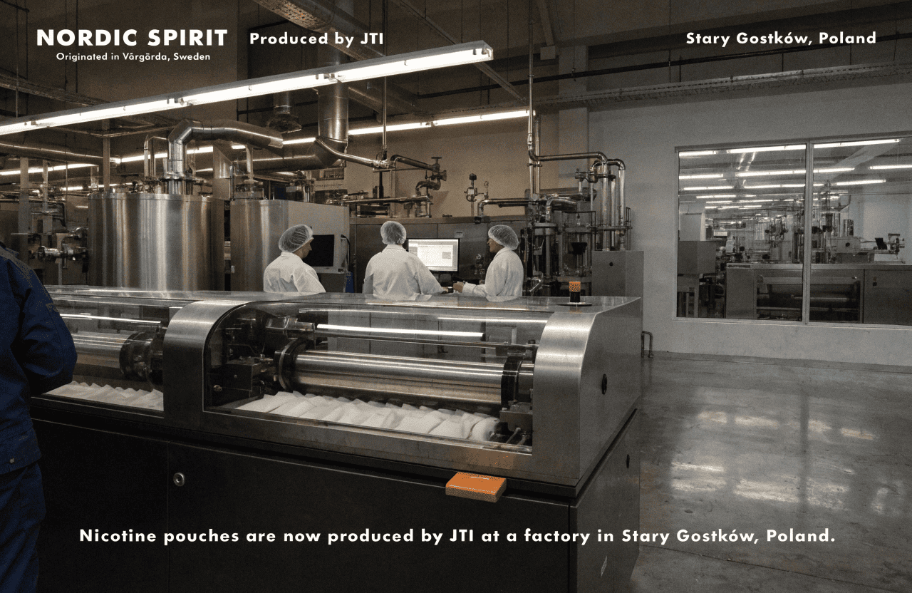 Who Makes NORDIC SPIRIT Nicotine Pouches A timeline graphic showing a factory in Sweden (2018) transitioning to a larger factory in Poland (Present).