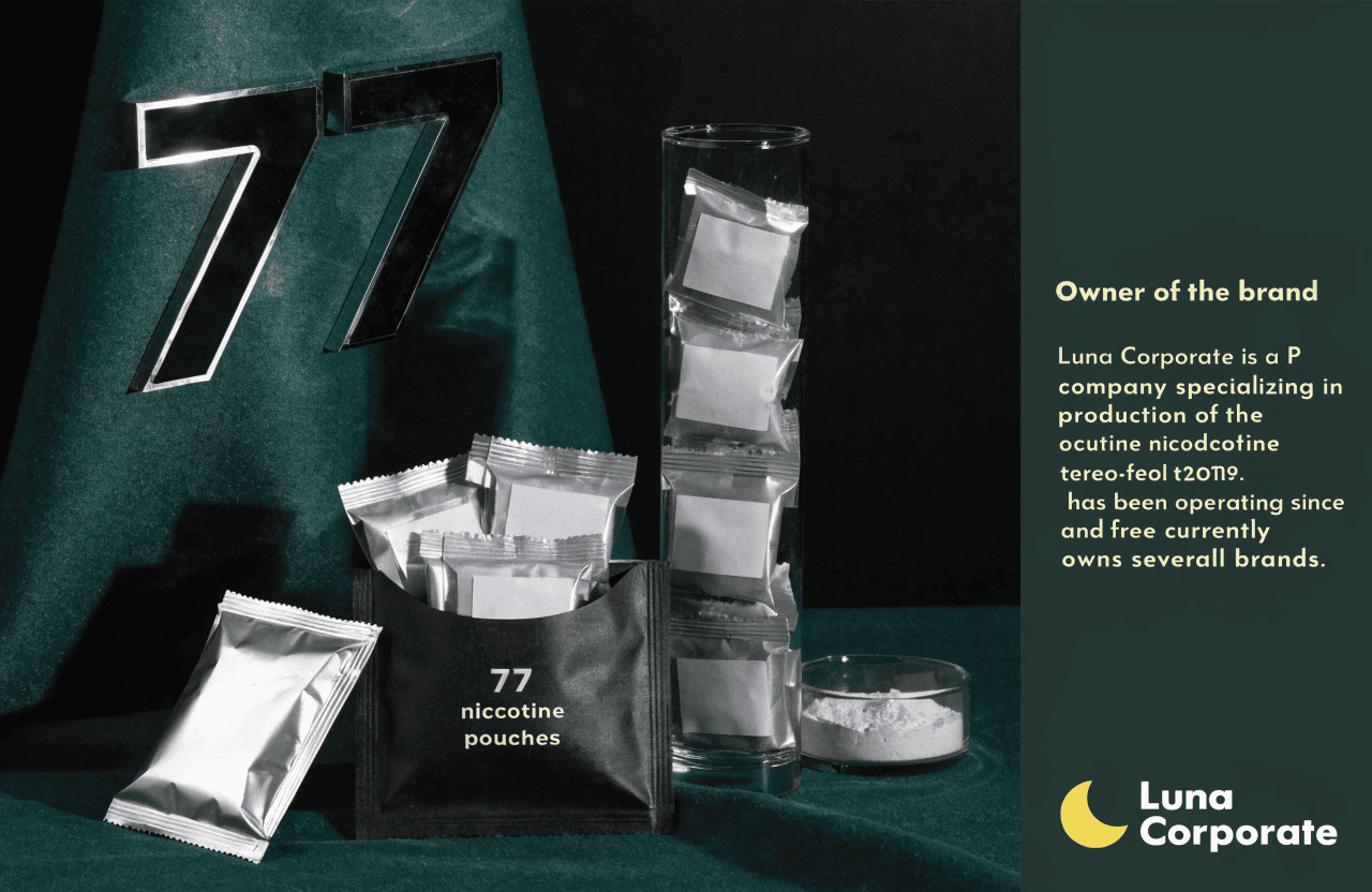 The Luna Corporate logo next to a collection of 77 nicotine pouch cans.