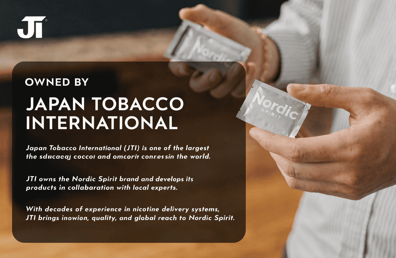 Who Owns NORDIC SPIRIT Nicotine Pouches The Japan Tobacco International (JTI) logo next to a can of NORDIC SPIRIT pouches.