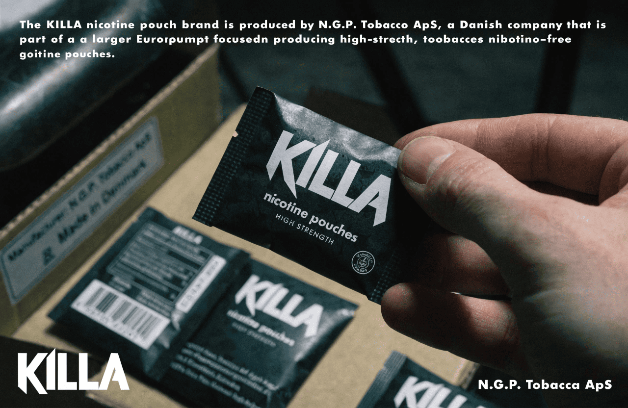 A can of KILLA nicotine pouches in front of a factory with the Danish flag.
