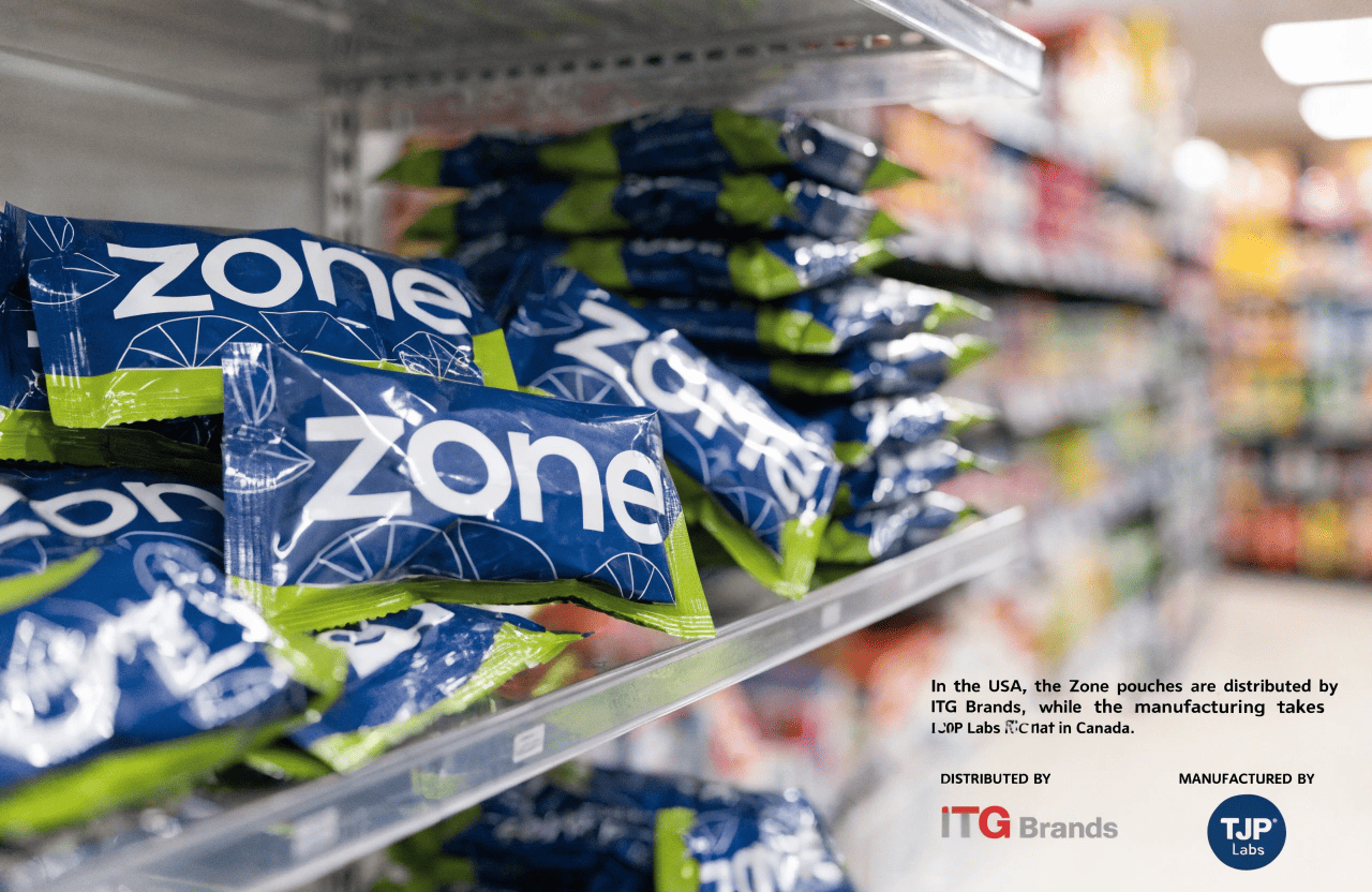 Who makes zone nicotine pouches for the USA The logos of ITG Brands and TJP Labs with a zone pouch can.