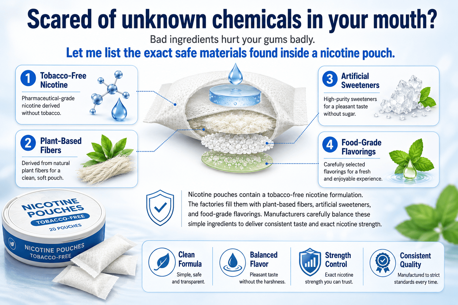 Clean ingredients used in nicotine pouches