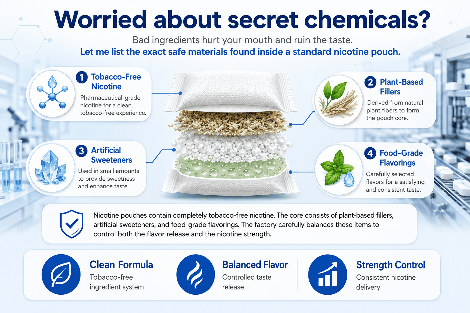Raw ingredients of nicotine pouches including plant fiber and flavorings