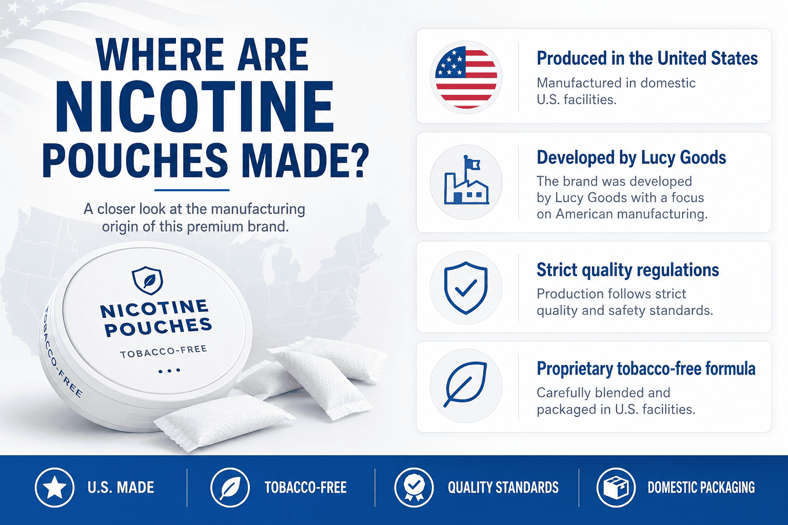 Map of the United States highlighting domestic manufacturing for Lucy Pouches