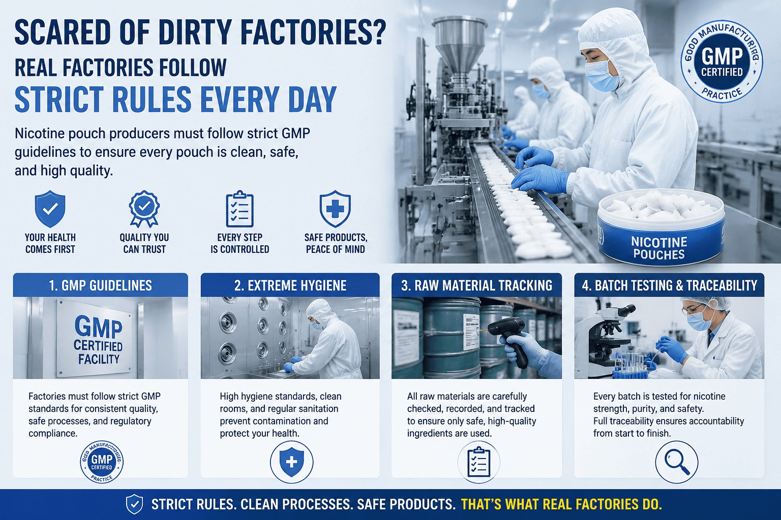Clean room manufacturing for nicotine pouches