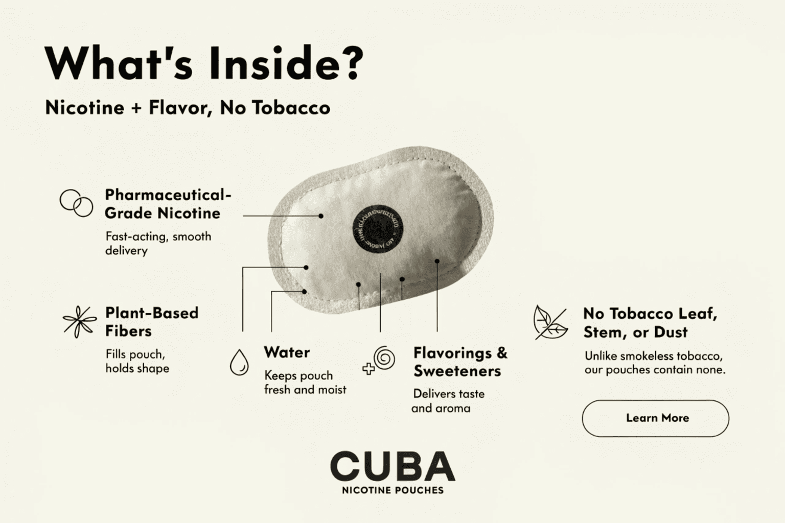 An infographic showing the core ingredients of a nicotine pouch