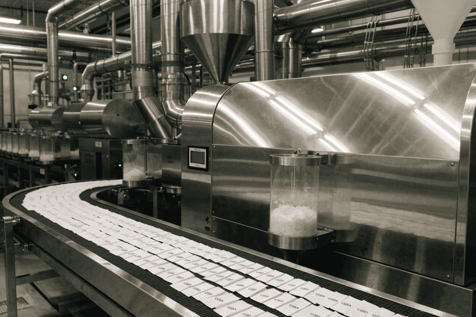A modern, clean factory production line for nicotine pouches