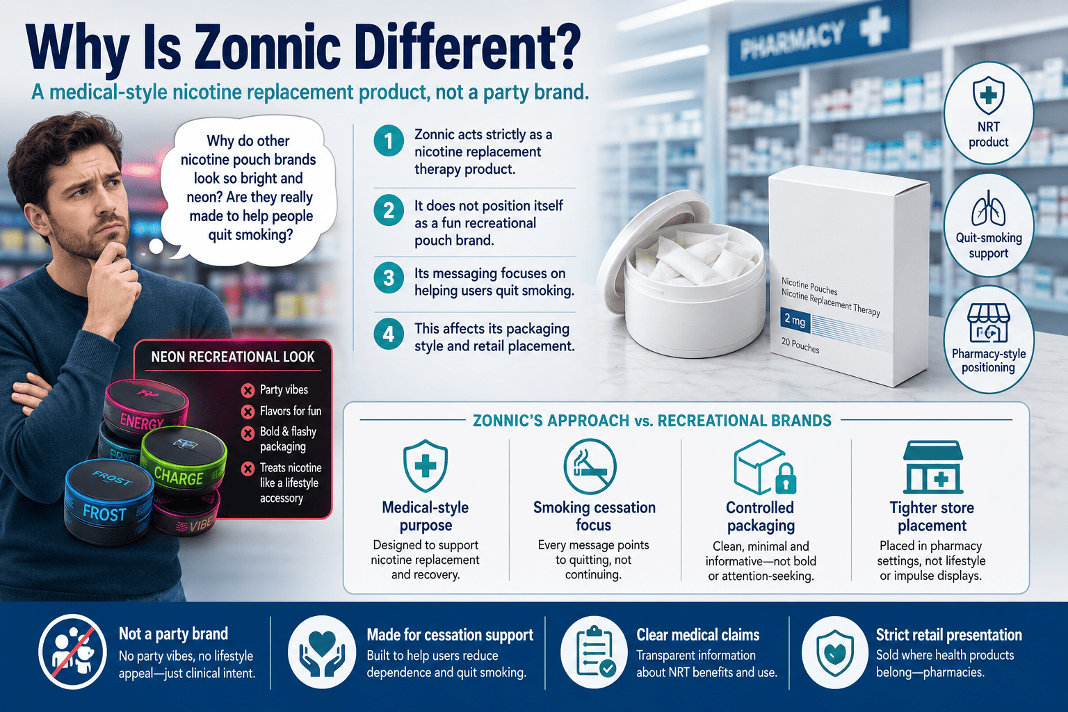 Zonnic medical positioning versus recreational pouches
