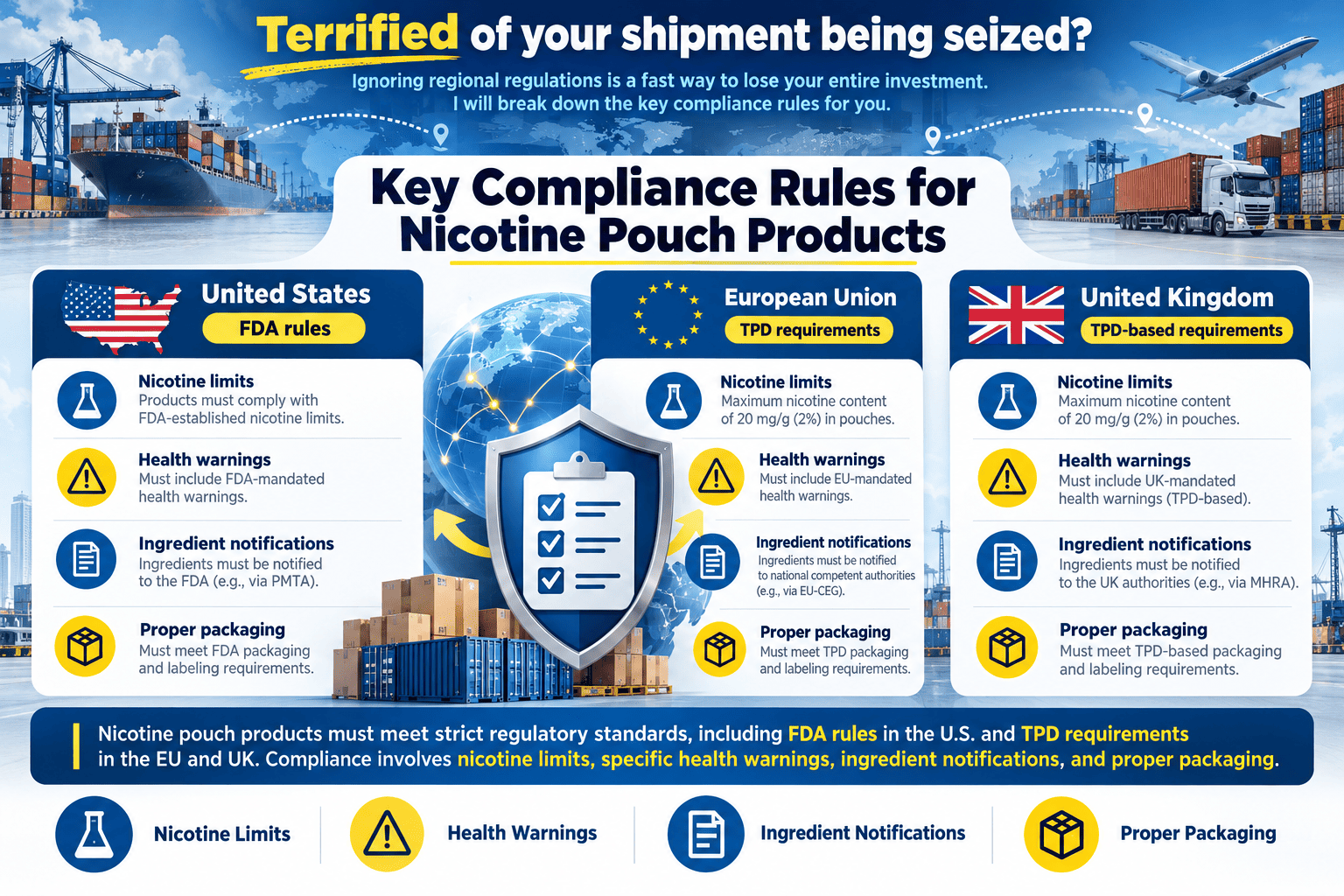 Regulatory compliance logos like FDA and TPD